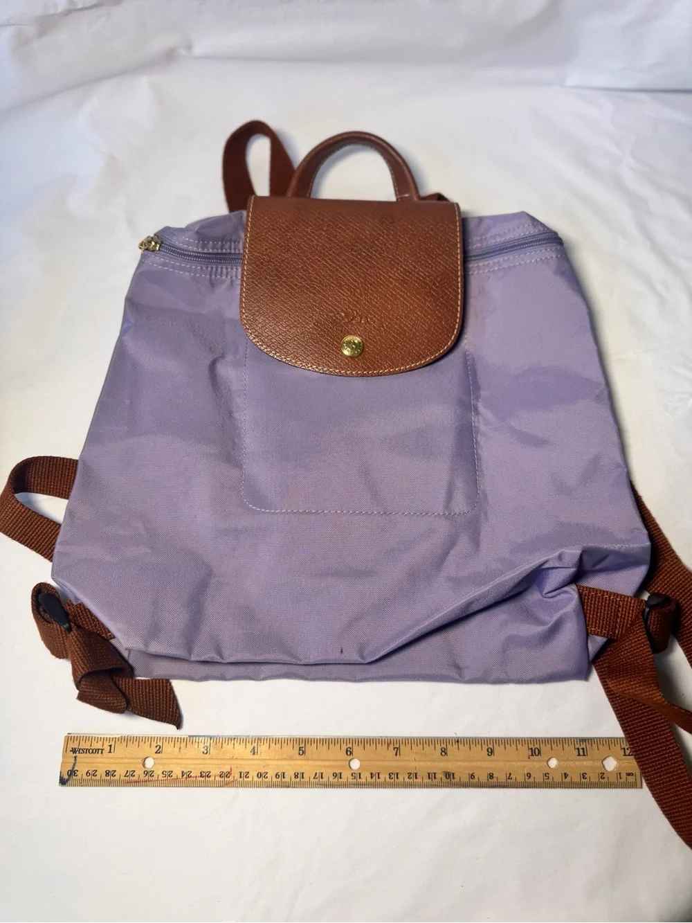 Longchamp Lavender Nylon Backpack with Brown Trim